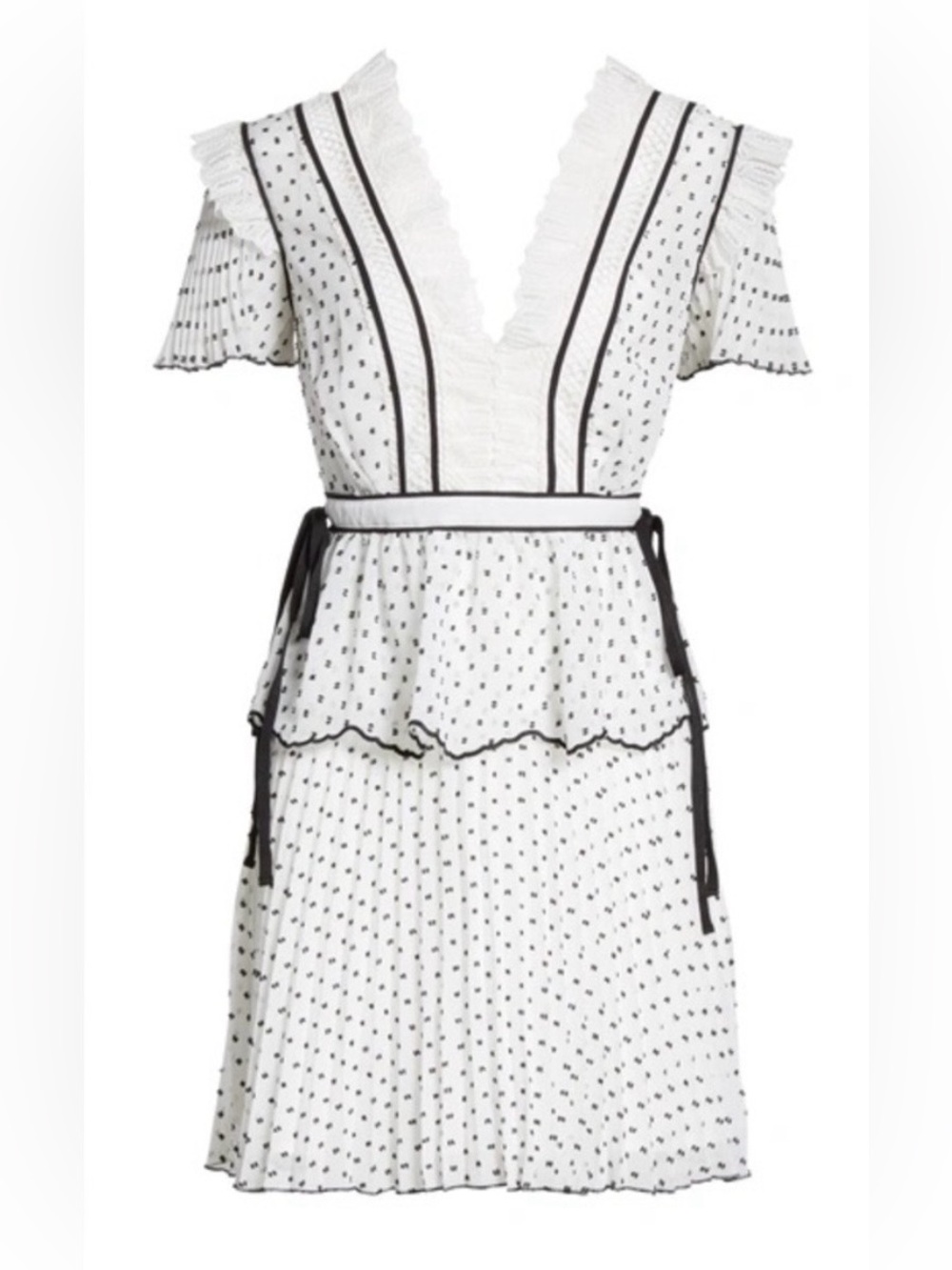Self-Portrait White Mini Dress with Black Polka Dots and Trim, US8 - Picture 2 of 14
